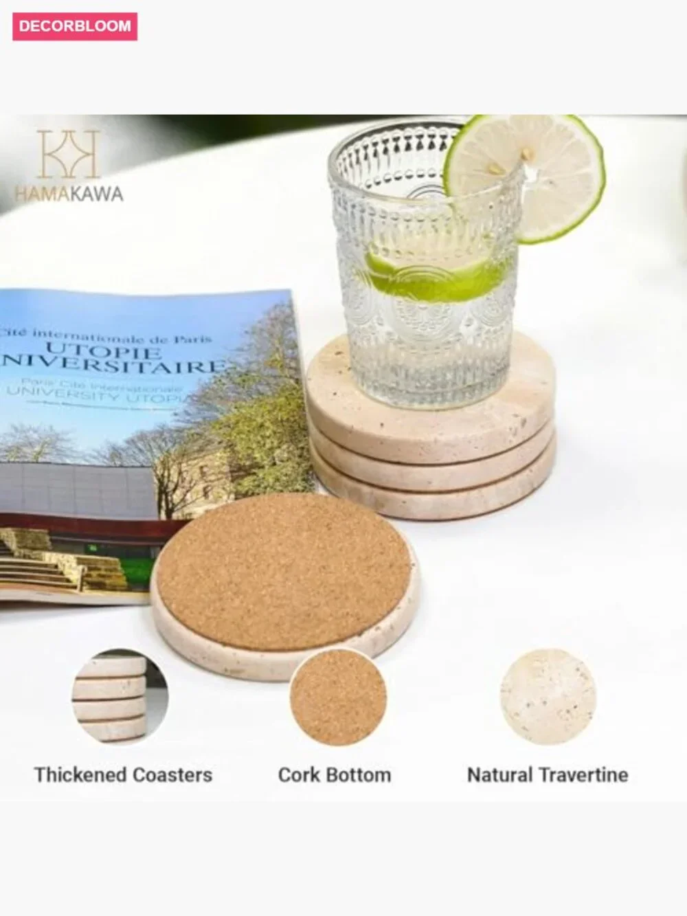 Set of 4 Natural Travertine Coasters, Stone Drink Coasters